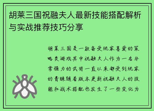 胡莱三国祝融夫人最新技能搭配解析与实战推荐技巧分享